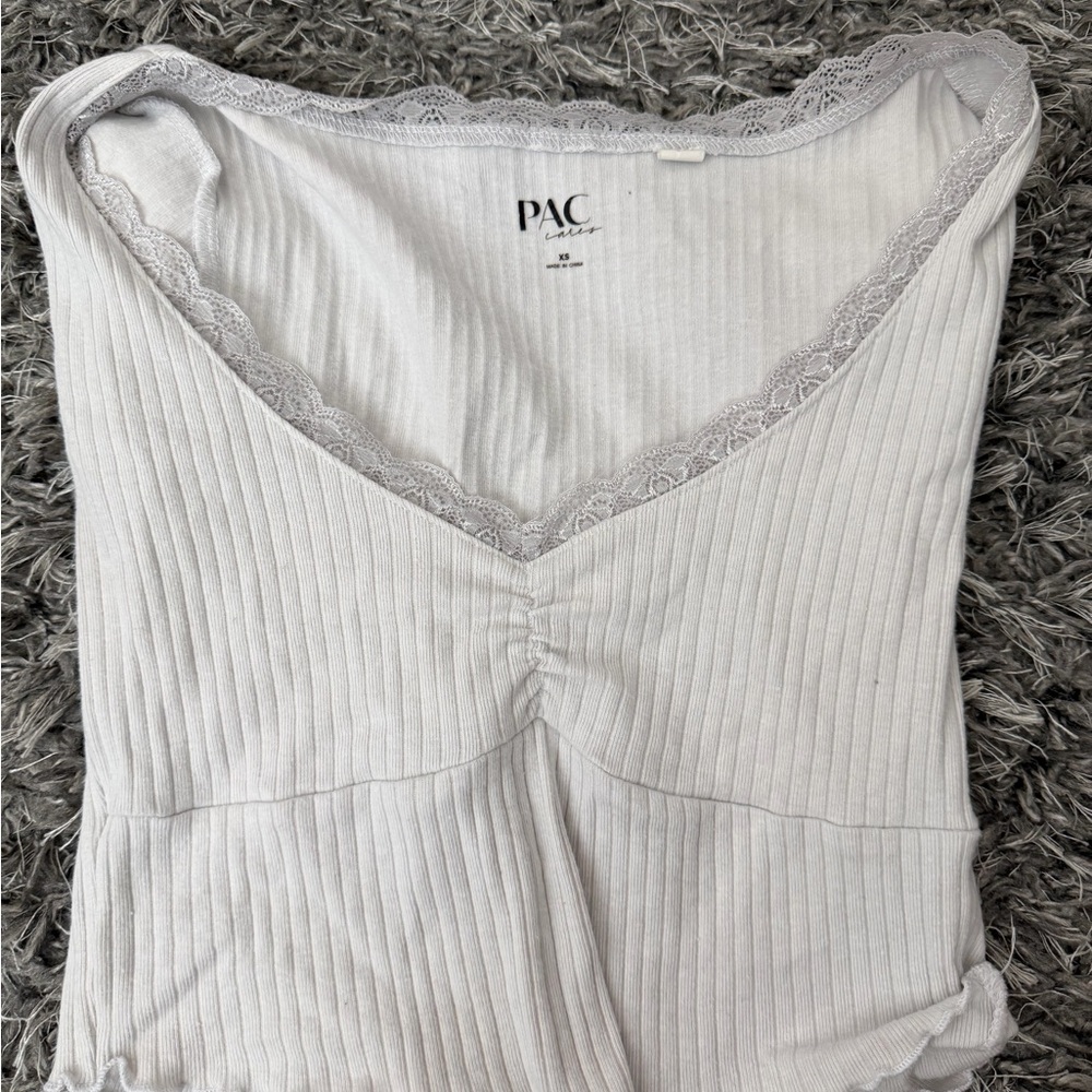 PAC White Ribbed Lace Trim Top